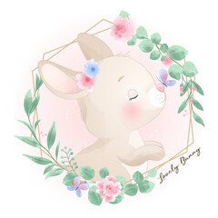 Cute doodle bunny with floral illustration