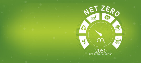 Net zero emissions by 2050 technology linkage background policy animation concept Green renewable energy technology for a clean future environment. - obrazy, fototapety, plakaty