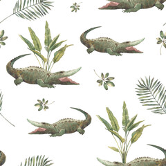 Watercolor crocodile pattern. Safari seamless texture with animals and plants on white background.