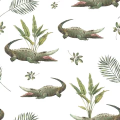 Tapeten Watercolor crocodile pattern. Safari seamless texture with animals and plants on white background. © ldinka