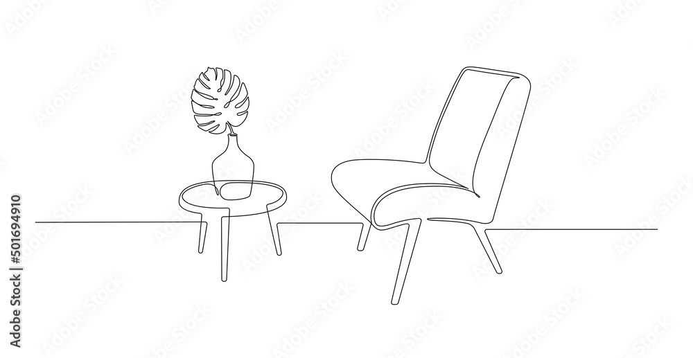 Poster continuous one line drawing of armchair and table with vase with monstera leaf. scandinavian stylish