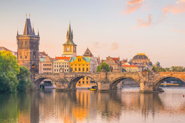 Fototapeta Famous iconic image of Charles bridge and Praguecity skyline obraz