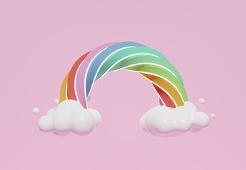 3D rendering of colorful pastel clouds and rainbow with empty space for kids or baby products. Sweet candy background.