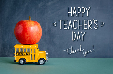 Happy Teacher`s Day greeting card. Teacher appreciation week concept. Thank you text, red apple and...