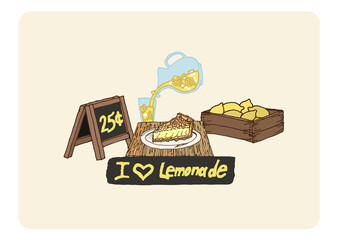Illustration of a meal with lemonade and pie. Lemonade, lemon pie, ice, lemon crate, summer time, ready to use, eps. For your design