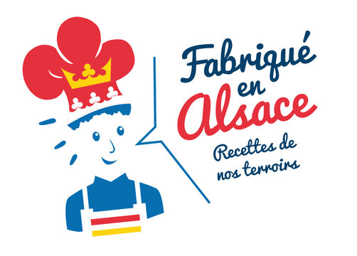 Logo fabriqué en Alsace, chef avec toque, recettes de cuisine de notre terroir.