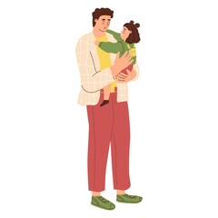 Dad and daughter. The father hugs the child. Parent plays with kid. Happy family. The upbringing and care of children. Flat style in vector illustration. Isolated persons.