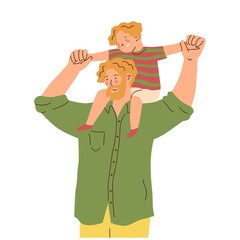 Dad and son. The father carries the child on his shoulders. Parent plays with kid. Happy family. The upbringing and care of children. Flat style in vector illustration. Isolated persons.