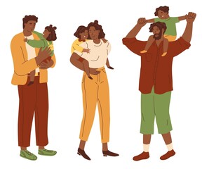 Set Parents hug their children. Mothers and fathers are playing with kids. Happy family. The upbringing and care of children. Flat style in vector illustration. Isolated persons.