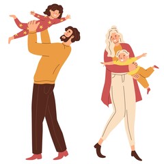 Set Parents hug their children. Mothers and fathers are playing with kids. Happy family. The upbringing and care of children. Flat style in vector illustration. Isolated persons.