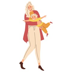 Mom and son. Mather hold his child. Parent plays with kid. Happy family. The upbringing and care of children. Flat style in vector illustration. Isolated persons.