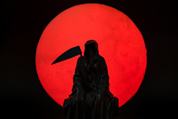 A statue of a grim reaper sitting on a full moon background.