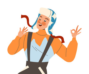 Positive Man Character in Fur Cap with Smiling Face Feeling Euphoric and in High Spirits Showing Ok Hand Gesture Vector Illustration