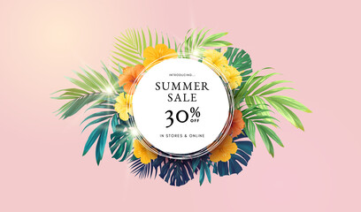 Summer tropical background with exotic palm leaves and hibiscus flowers. Vector floral background. - obrazy, fototapety, plakaty