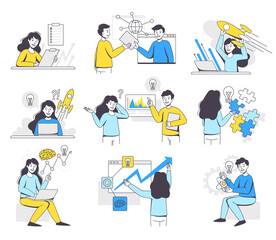 Business Project with People Character Working with Startup Outline Vector Illustration Set