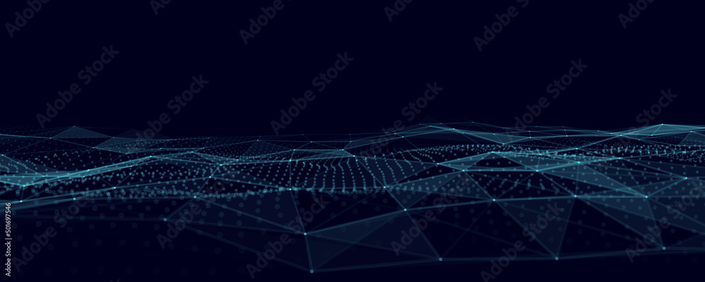 Poster futuristic moving wave. digital background with moving glowing particles and lines. big data visuali