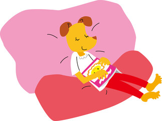 擬人化された子犬（女の子）が絵本を持ったままソファーで寝ています