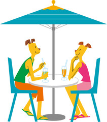 擬人化された大人の犬（男女）がパラソルの下で飲み物を飲んでいます