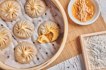 Chinese steamed Buns or Xiaolongbao with crab meat and roe.