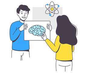 Business Project with Man and Woman Character with Brain Working with Startup Outline Vector Illustration
