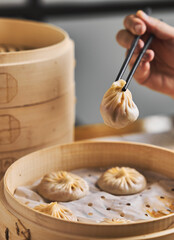 Chinese steamed Buns or Xiaolongbao with crab meat and roe.