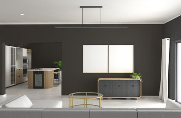 Modern living room 3D illustration with two picture frames on a black wall and kitchen in the background 