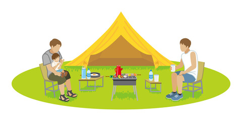 Two men and little boy enjoying camp - Summer
