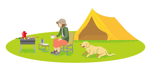 Woman enjoying camp with a dog - Spring or Autumn