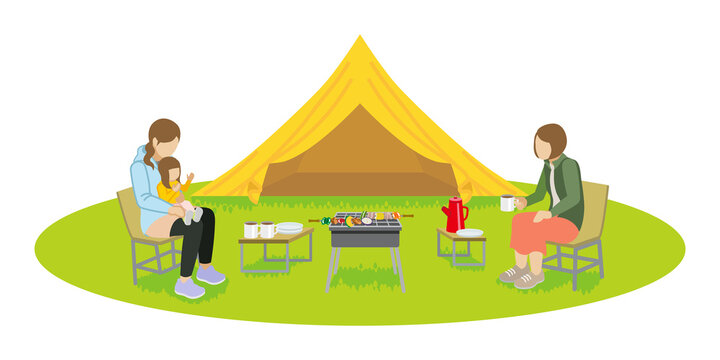 family camping scene with yellow tent and barbecue clip art preview