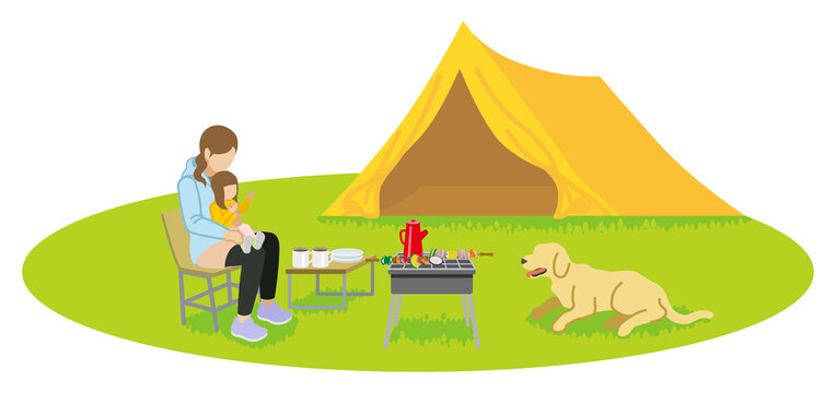 family camping with tent, dog, and barbecue clip art preview