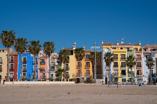 Villajoyosa Spain colourful houses and palm trees Costa Blanca Alicante