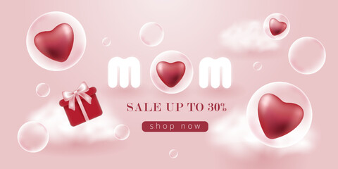 mother's day banner with hearts in balloon and gifts