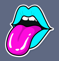 Half-open mouth of a sexy woman, licking, protruding tongue, talking. Sexy woman s mouth or lips licking with tongue sticking out. Framed as a sticker. Vector illustration. Rock-n-roll music icon. © EVGENIY