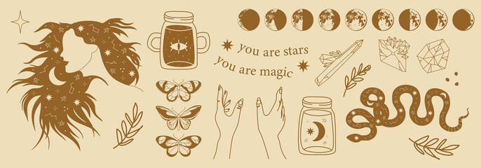 Set of hand drawn witchcraft items and mythical elements in boho, aztec style. Modern, trendy colors, minimalism art.