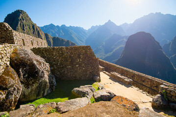View of the stone buildings and ruins inside the lost Incan city of Machu Picchu