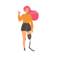Woman Character with Artificial Limb Showing Little Finger as Hand Gesture Expressing Emotion with Body Language Vector Illustration