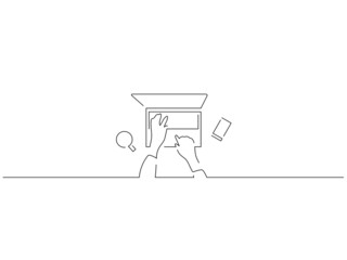 Young person working with a laptop in line art drawing style. Composition of people using technology. Black linear sketch isolated on white background. Vector illustration design.