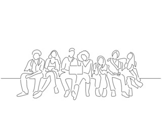Young friends sitting in line art drawing style. Composition of a group of people using technology. Black linear sketch isolated on white background. Vector illustration design.