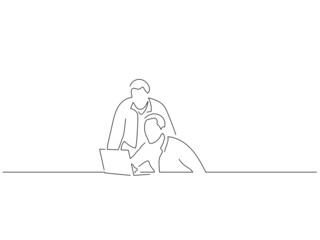 Young couple working with a laptop in line art drawing style. Composition of people using technology. Black linear sketch isolated on white background. Vector illustration design.