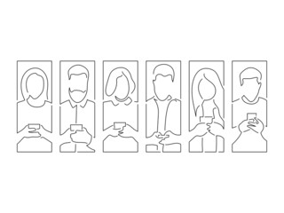 Young people holding a smartphone in line art drawing style. Composition of a group of people using technology. Black linear sketch isolated on white background. Vector illustration design.