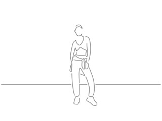 Young fashion model in line art drawing style. Composition of a beautiful woman posing. Black linear sketch isolated on white background. Vector illustration design.