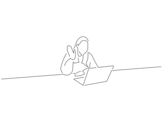 Young woman working with a laptop in line art drawing style. Composition of people using technology. Black linear sketch isolated on white background. Vector illustration design.