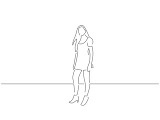 Young fashion model in line art drawing style. Composition of a beautiful woman posing. Black linear sketch isolated on white background. Vector illustration design.