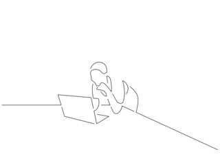 Young woman working with a laptop in line art drawing style. Composition of people using technology. Black linear sketch isolated on white background. Vector illustration design.