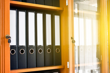 An office file cabinet that holds a large number of binders in an office, soft and selective focus on document binders.