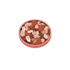 Nuts mix in bowl. Dry healthy snack in plate, dish. Crunchy vegan food, pistachio, almond, hazelnut, brazil, nutmeg, pecan fruits. Superfood. Flat vector illustration isolated on white background