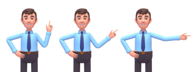 3d render of young businessman pointing to the side, promote, advertise