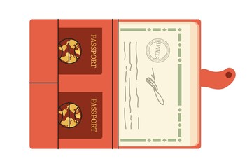 Folder for travel documents. International Passport, insurance, tickets, visa. Personal ID. Documents for immigration. Passage of customs control. Flat style in vector illustration. Isolated element.