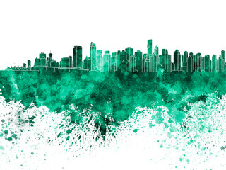 Vancouver skyline in green watercolor on white background