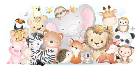 Fototapeta premium Cute doodle animals with watercolor collection
